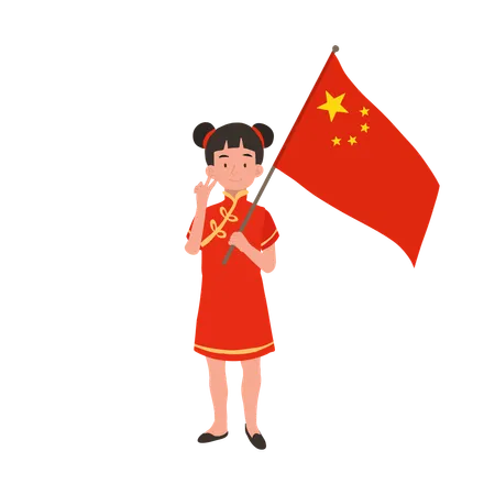 Girl in chinese traditional dress holding red flag  Illustration