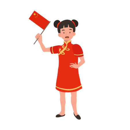 Girl in chinese traditional dress holding red flag  Illustration