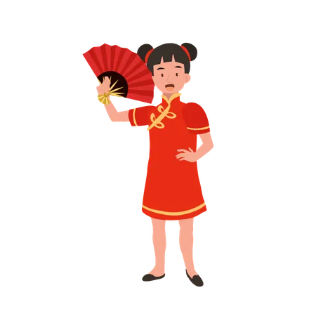 Girl in chinese traditional dress holding red hand fan  Illustration