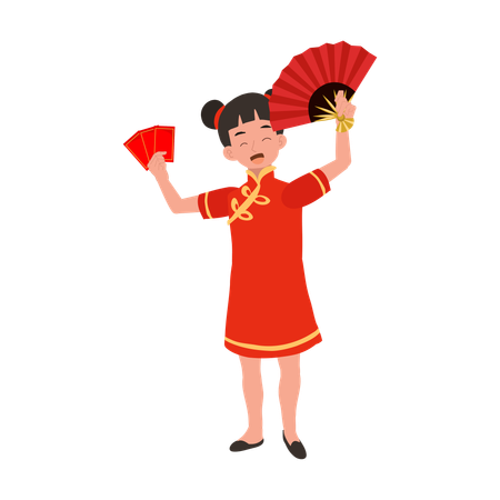 Girl in chinese traditional dress holding red hand fan and red envelope  일러스트레이션