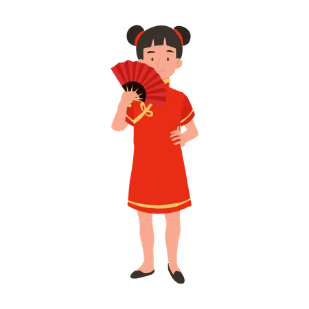 Girl in chinese traditional dress holding red hand fan  Illustration