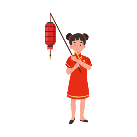 Girl In Chinese Traditional Dress Holding Red Lantern Illustration