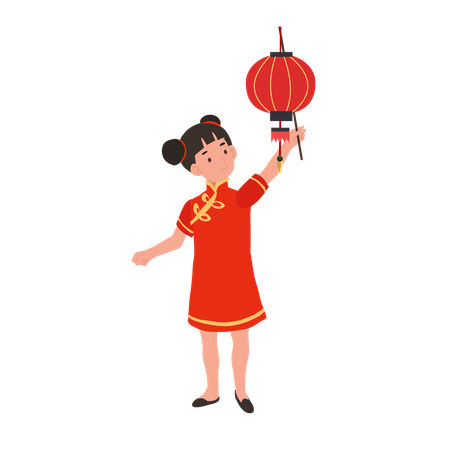 Girl in chinese traditional dress holding red lantern  Illustration