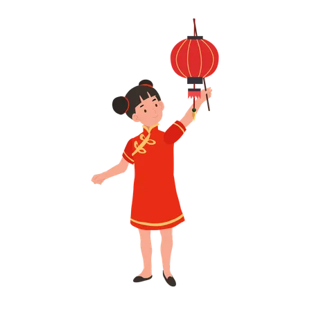 Girl In Chinese Traditional Dress Holding Red Lantern Illustration