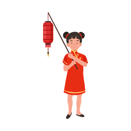 Girl in chinese traditional dress holding red lantern  Illustration