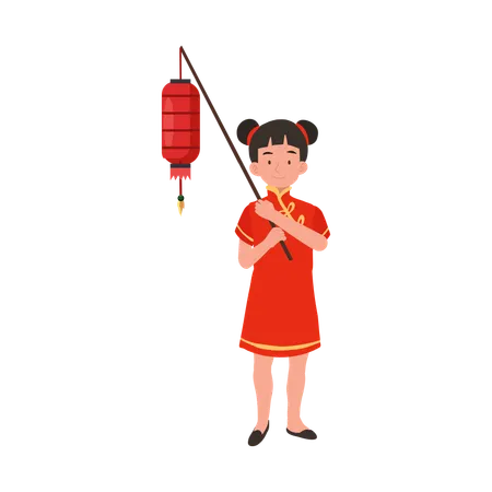 Girl in chinese traditional dress holding red lantern  Illustration