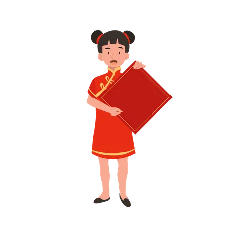 Girl In Chinese Traditional Dress Holding Red Paper Illustration