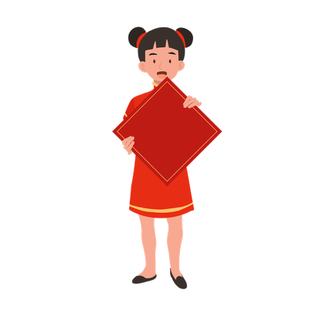 Girl in chinese traditional dress holding red paper  Illustration