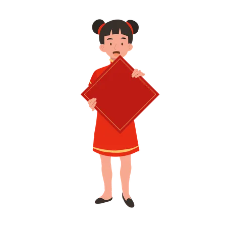 Girl In Chinese Traditional Dress Holding Red Paper Illustration