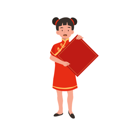 Girl in chinese traditional dress holding red paper  Illustration