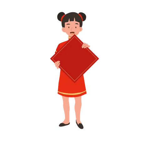 Girl in chinese traditional dress holding red paper  Illustration