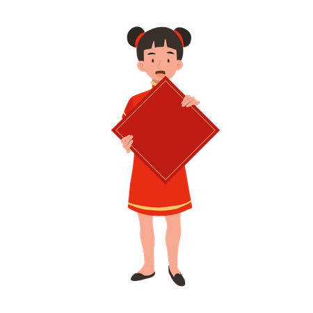 Girl in chinese traditional dress holding red paper  イラスト