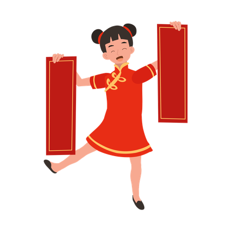 Girl in chinese traditional dress holding red papers in both hands  Illustration