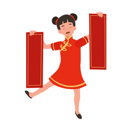 Girl in chinese traditional dress holding red papers in both hands  Illustration