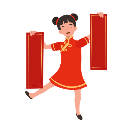 Girl in chinese traditional dress holding red papers in both hands  Illustration