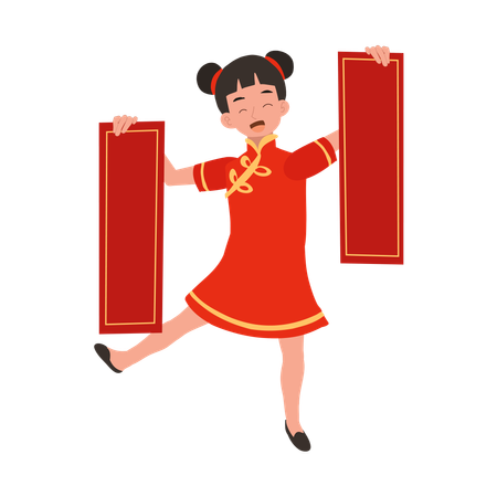 Girl in chinese traditional dress holding red papers in both hands  イラスト