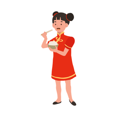 Girl in chinese traditional dress holding rice bowl  Illustration