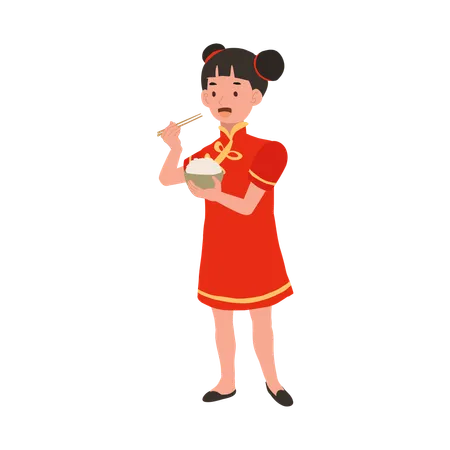 Girl in chinese traditional dress holding rice bowl  Illustration