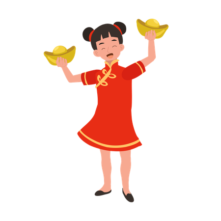 Girl in chinese traditional dress holding sweet basket  Illustration