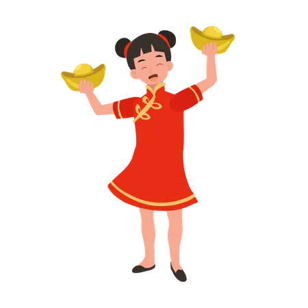 Girl in chinese traditional dress holding sweet basket  Illustration