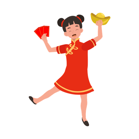 Girl in chinese traditional dress holding sweet basket and red envelope  일러스트레이션