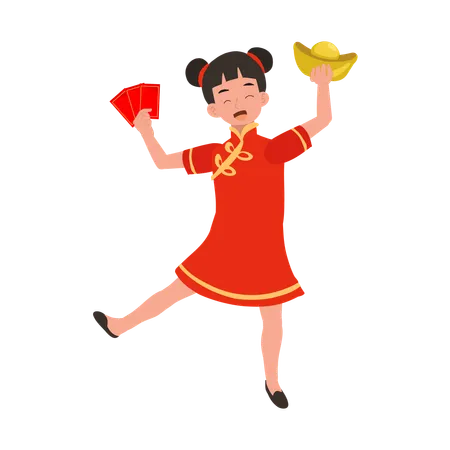 Girl in chinese traditional dress holding sweet basket and red envelope  일러스트레이션