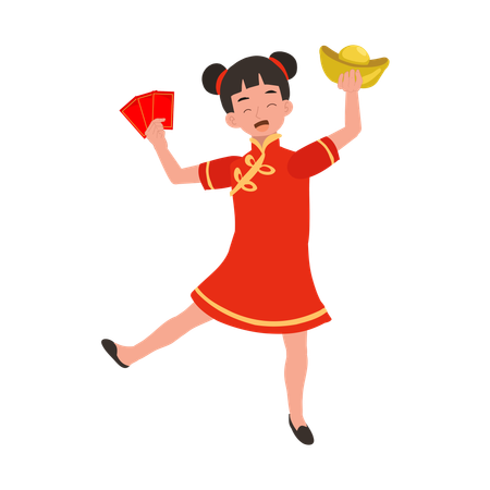 Girl in chinese traditional dress holding sweet basket and red envelope  イラスト
