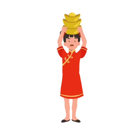 Girl in chinese traditional dress holding sweet basket  Illustration