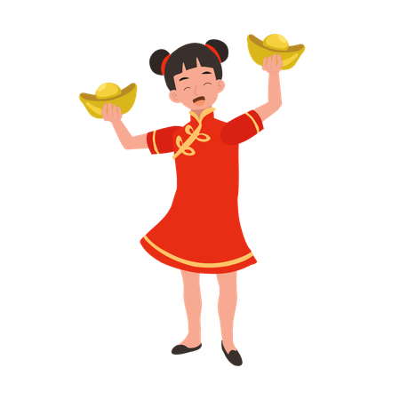Girl in chinese traditional dress holding sweet basket  イラスト
