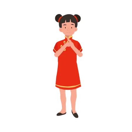 Girl in chinese traditional dress is giving salute  Illustration