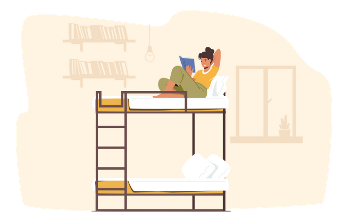Girl in college dorm reading book while sitting on bunk bed Illustration