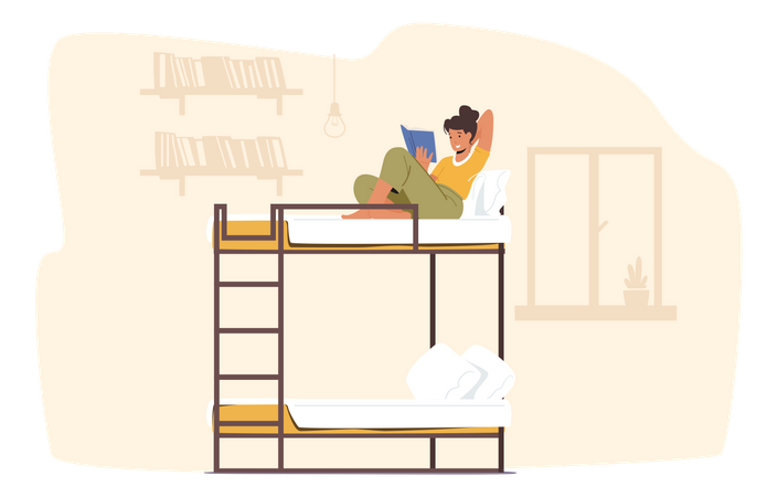 Girl in college dorm reading book while sitting on bunk bed  Illustration