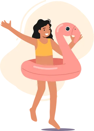Happy Little Girl In Swimsuit And Flamingo Inflatable Ring Child Character Playing On Beach Outdoor Activities Leisure On Sea And Ocean Shore Summer Vacation Cartoon People Vector Illustration Illustration