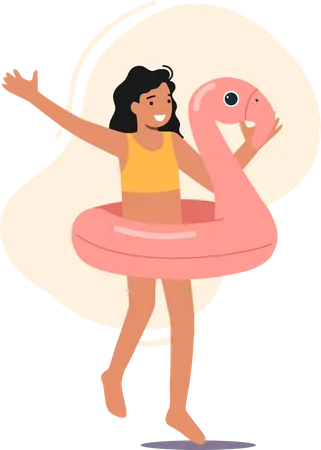 Girl in flamingo inflatable ring going for swimming  Illustration