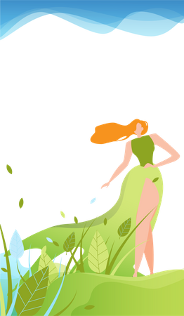 Girl in green dress walking in park  Illustration