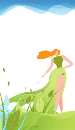 Girl in green dress walking in park  Illustration