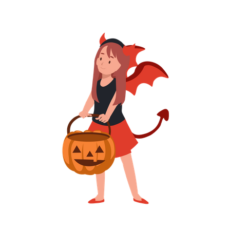 Girl in halloween costumes as red devil Illustration