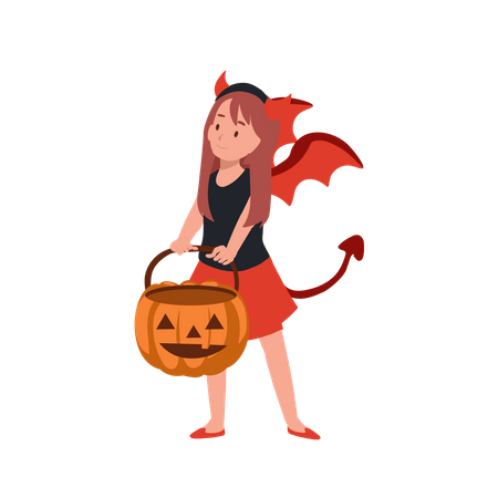 Girl in halloween costumes as red devil  Illustration