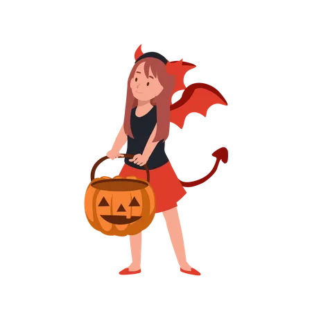 Girl in halloween costumes as red devil  Illustration