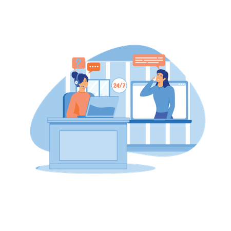 Girl in headphones communicating with clients for business  Illustration