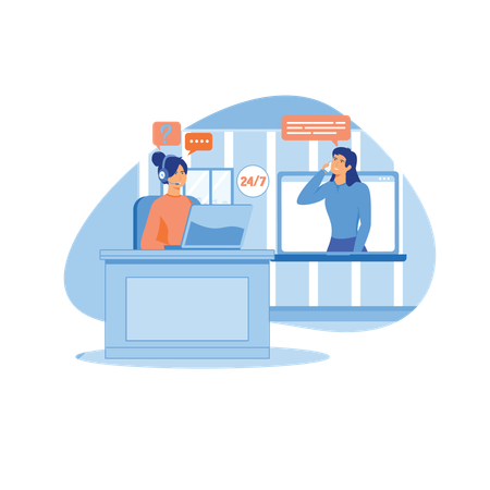 Girl in headphones communicating with clients for business  Illustration