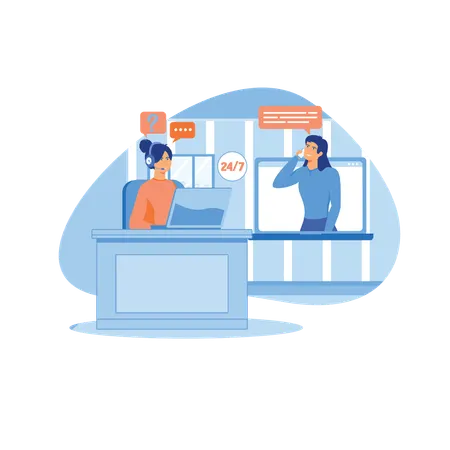Girl in headphones communicating with clients for business  Illustration