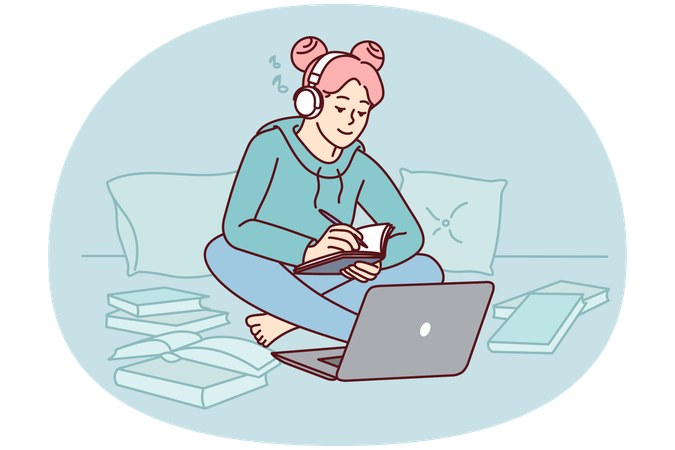 Girl in headphones study on laptop at home  Illustration