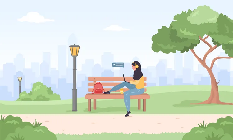 Girl in hijab with laptop sitting in park  Illustration