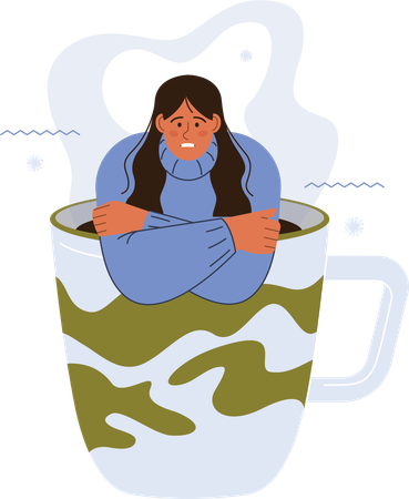 Girl in hot coffee cup while suffering cold  Illustration