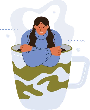 Girl in hot coffee cup while suffering cold  Illustration
