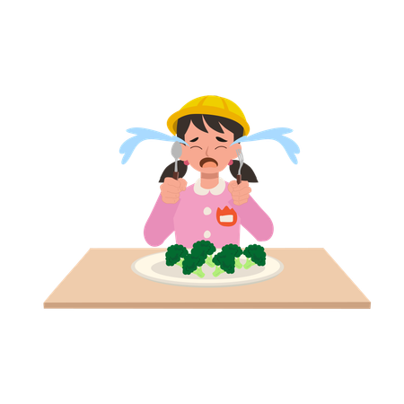 Girl in japanese kindergarten uniform crying and rejecting green vegetables  Illustration