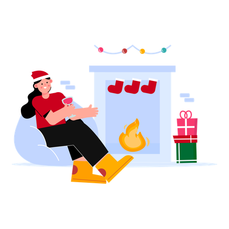 Girl in living room with gifts  Illustration