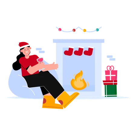 Girl in living room with gifts  イラスト