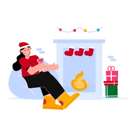 Girl in living room with gifts  Illustration